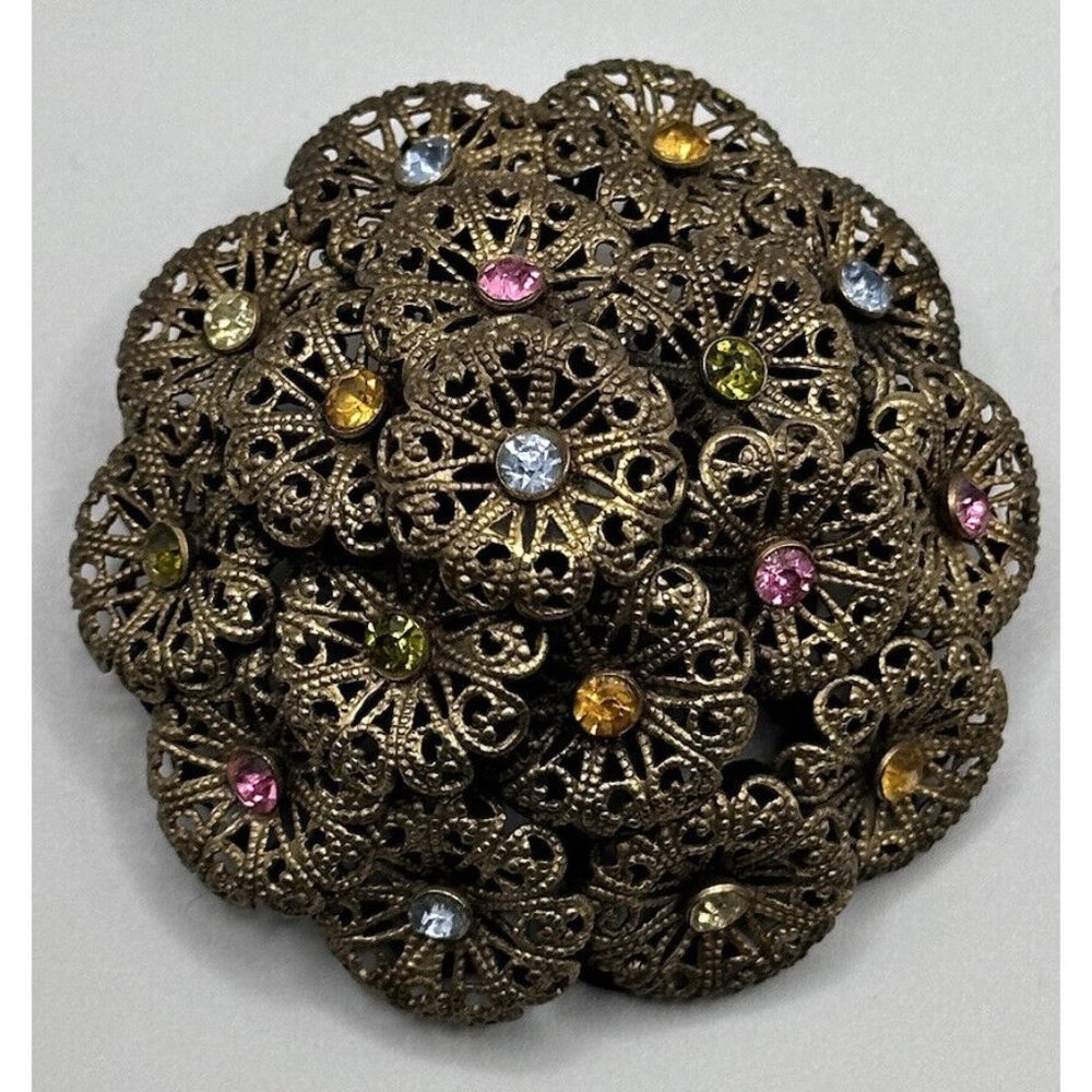 Vintage Czech Brass and Rhinestone‎ Domed Filigree Pin Brooch